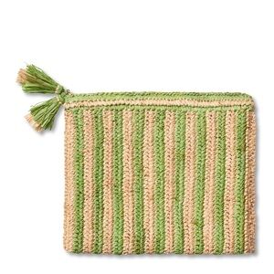 Aerin Green and Natural Striped Raffia Zip Wristlet Clutch